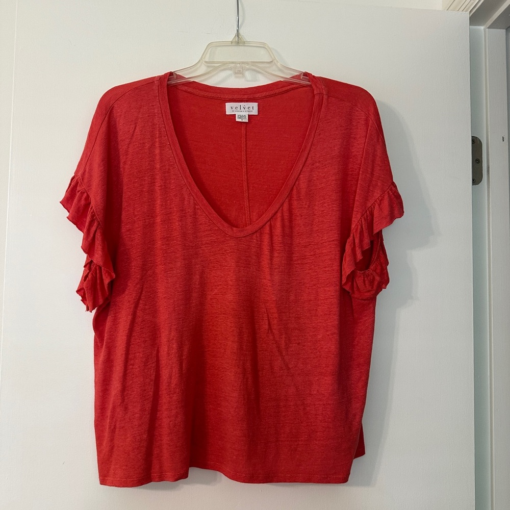 Velvet Red Ruffle Sleeve Women's Top
